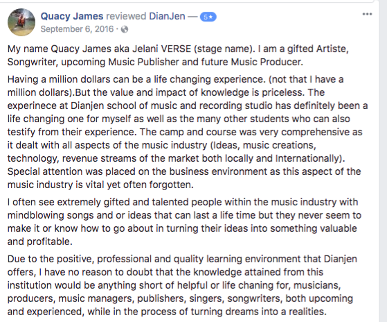 Review by past student, Quacy James