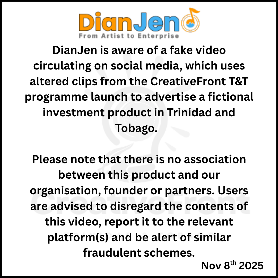 Public warning from DianJen about a fake investment video using CreativeFront T&T footage. No association with any investment product.
